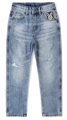 KIDSCOOL SPACE Baby Little Big Girls Jeans,Elastic Waistband Inside Ripped Holes Soft Denim Pants