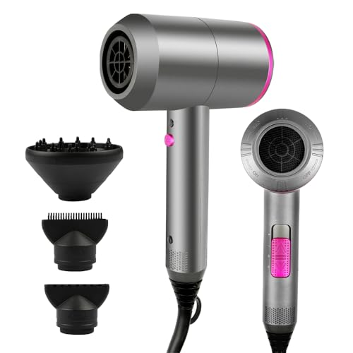 Ionen Föhn Haartrockner AC-Motor Haartrockner, Dekuri Schnelltrocknender Hair Dryer, Fön mit 3 Temperaturstufen, 2 Gebläsestufen, 3 Stylingdüsen & Diffusor (Grau) 1