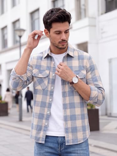 Image of Amazon Brand - INKAST Men's Cotton Blend Button Down Shirt || Long Sleeve Casual Flannel Check Shirt || Soft Breathable Lightweight Collared Shirts with Two Flap Chest Pockets || Stylish Everyday Wear