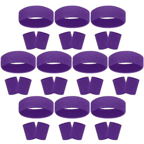 Image of 30 Pcs Sweatbands Wristbands Set Absorbent Terry Cloth Headbands Wristbands Neon Color Striped 80s Athletic Sweatbands for Sports Gym Exercise