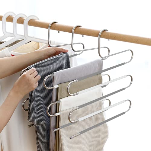 Pants Hangers Non Slip Space Saving Hangers 4 Pack S-Shape Trousers Hangers Stainless Steel Clothes Hangers Closet Organizer For Pants Jeans Scarf Trouser Tie Towel(4 Pack (Gray And White) #TOP4