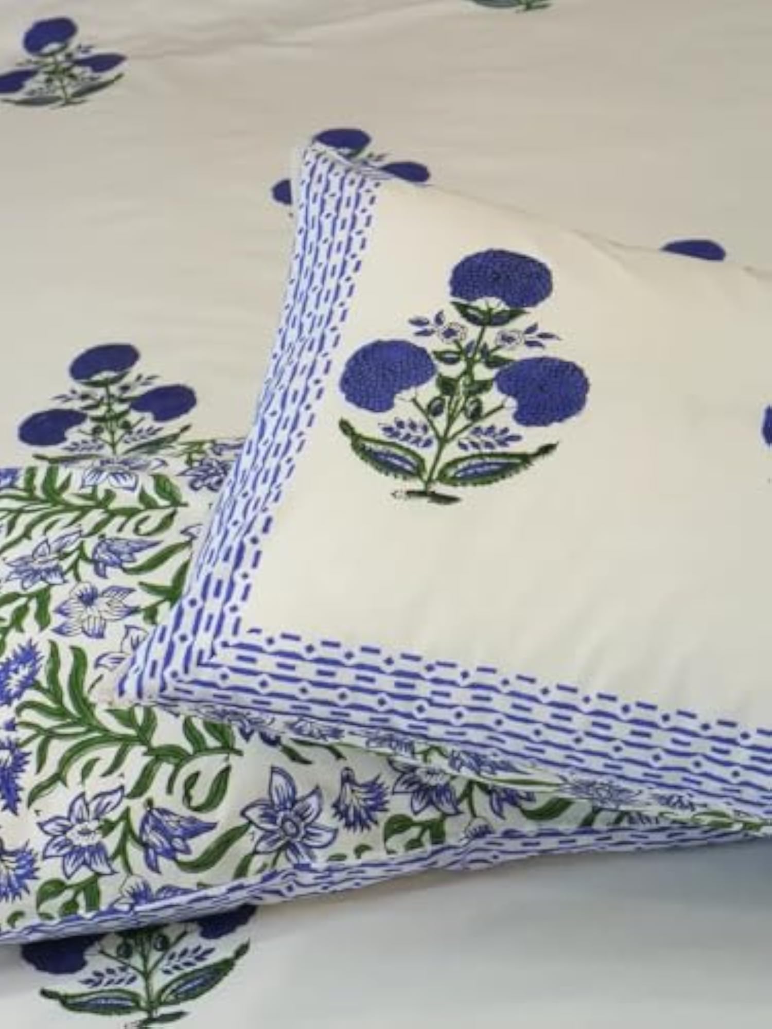 Hand Block Printed Iris Percale Cotton Bedsheet, with Pillow Covers, (King)