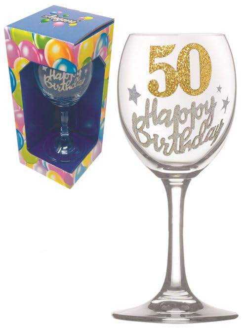 Generico bicchiere Calice da Vino in Vetro per 50° Compleanno, Decorazione con Glitter Argento e Oro, Confezione Regalo Inclusa