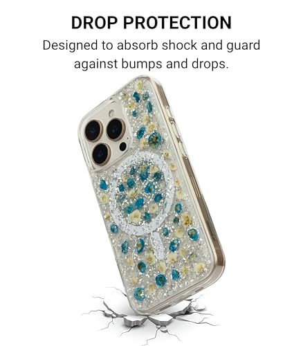 Image of Mag Flower Series Case for iPhone 16 Pro Compatible with Wireless Charging | Real Dried Flower Embedded Design | Slim Transparent Shockproof Back Cover | Blue Edition