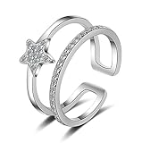 Anillo de mujer de plata de ley 925 con circonita AAA de doble línea con estrellas y dedo índice, anillo de asociación, ajustable