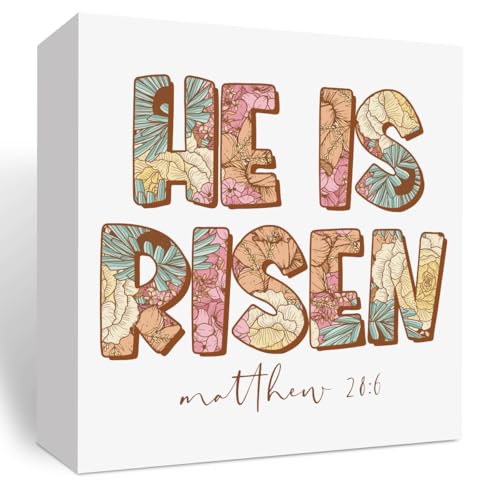Christian Easter Decor Jesus Bible Verse Easter Decor Happy Easter Spring Florals Decor, Wooden Box Decor for Farmhouse Home Bedroom Living Room Desk Shelf Tabletop Office-He is Risen Matthew 28:6
