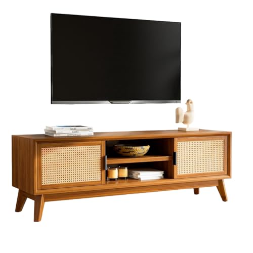 Image of Premium Solid Wood, 10 Minutes Assembly (Legs Only), Aesthetic Rattan Doors, Mid Century Entertainment Center for Living Room, TV Stand for 65 inch TV, Dark Chocolate (Honey Colour)