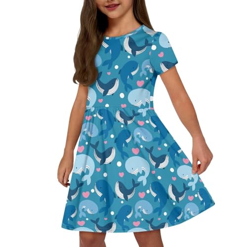 Girls Summer DressCrew Neck Sundress Casual Short Sleeve Midi Dress with Pockets for 2-14 Years