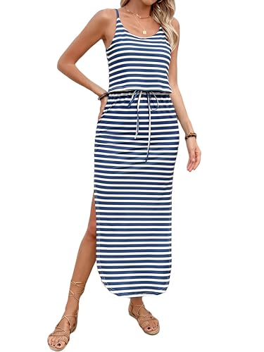 Women's Spring and Summer Slim fit Dress, Vacation Sleeveless Striped Vest Dress, Drawstring Open Neck2
