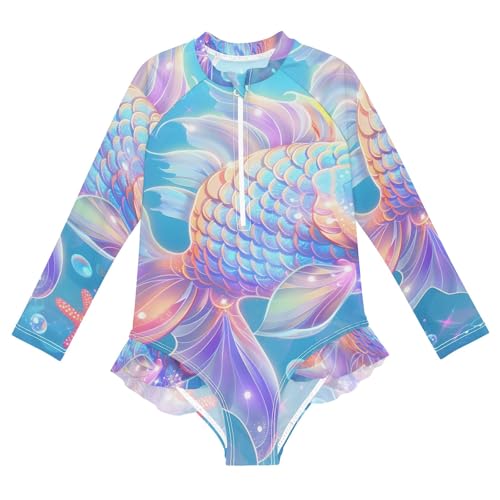 Dreamy Fish Sea Girls Long Sleeve Swimsuit Rash Guard One Piece Bathing Suits Zipper 3-12T