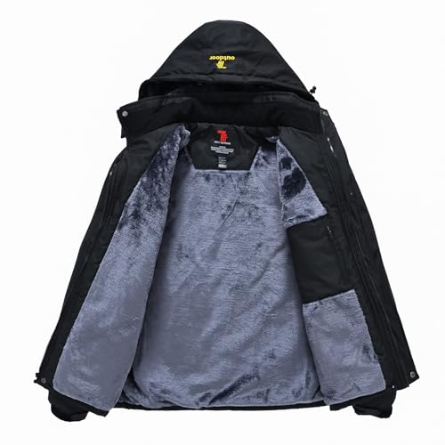 donhobo Herren Fleecejacke Winter Wasserdicht Warme Skijacken Outdoor Winddicht Camping Wanderjacke Hooded Regen Mantel Schwarz XL