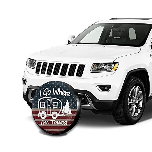 Image of I Go Where I'm Towed American Flag Spare Tire Cover Waterproof Dust-Proof Universal 16 Inch Wheel Camper Spare Tire Cover Fit for RV Trailer Truck Jeep SUV Rav4 Motorhome Travel Trailer Accessories