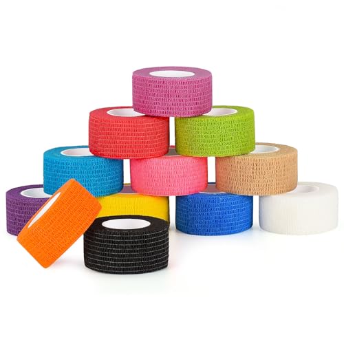Sagafly 12 Rollen Selbsthaftende Bandage 2,5cm x 4,5m Selbstklebender Verband für Finger Elastische Fixierbinde Haftbandage Kohäsiver Verband Selbstklebend Fingerpflaster Fixierverband