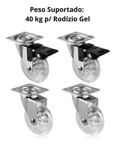 Kit 4 Rodinhas Rodízio Gel Giratórias 50mm para Armários e Móveis Mdf Duas com Trava e Duas Sem
