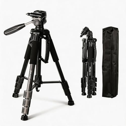 Image of POLAM-FOTO Tripod Stand for DSLR Camera, 55 Inch Camera Tripod Stand with Phone Holder, Aluminum Alloy Tripod Stand for Camera, 4kg Load, Carry Bag for All Smart Phones, Cameras, Gopro