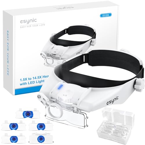 eSynic Gafas de Lupa Recargable con Luz Lupas de Gran Aumento 1.5X 13X con 5 Lentes Ajustable Gafas de Aumento Lupa con Control Táctil e Indicador de Batería para Manualidades,Leer,Coser,Joyería