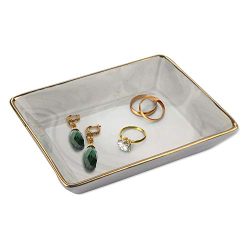 Bandeja Anillo Cerámica - (14x10,8x2,5cm) Bandeja de Llaves Mármol con Borde Dorado...