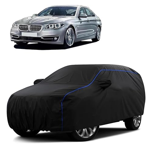 Image of Sulfar 100% Water Resistant Car Body Cover Compatible with Mirror for BMW 520i (Triple Stitched, Full Bottom Elastic, Black Tafetta with Blue Piping)