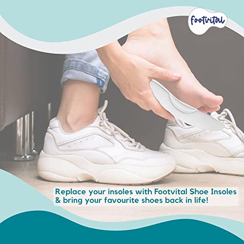 Image of Footvital Memory Foam Shoe Insoles for Men and Women | Soft Cushioned Inserts for Long Standing and Walking | Supports Heel and Arch | Shock Absorbing | Moisture Absorbing | Lightweight Washable Insoles for All Shoes | 1 Pair | Grey | Size 7