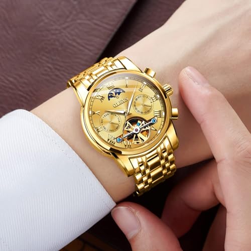 OLEVS Automatic Wristwatch, Men's, Mechanical Watch, Starry Sky Dial, Skeleton Leather Strap, Waterproof Watch for Men, gold, Bracelet Type