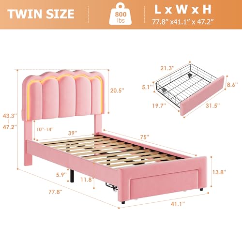 Twin Upholstered LED Bed Frame with Storage Drawer and Adjustable Chic Double Wavy Headboard, Velvet Princess Platform Bed for Girls/Kids, Solid Wood Slats Support, No Box Spring Needed, Pink