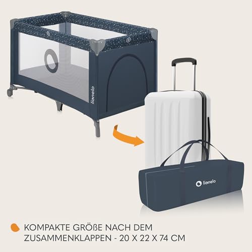Lionelo Stefi Baby Kinderbett, Reisebett ab Geburt bis 15 kg, Seiteneingang, Sicherungssystem LockGuard, Blockade der Räder, Tragetasche, zusammenklappbar