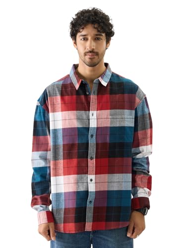 Image of The Souled Store Plaid: Black /Blue /Red Checks Long Sleeve Collared Neck Button Down Cotton Relaxed Fit Shirts for Men and Boys - Classic and Casual Wardrobe Essentials