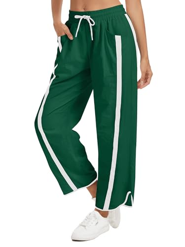TWQTWQ Womens Wide Leg Track Pants Baggy Drawstring High Rise Side Striped Casual Lightweight Parachute Pants with Pockets(Dark Green Medium)