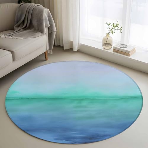 Round Area Rug 4ft, Turquoise Blue Gray Washable Non-Slip Circle
