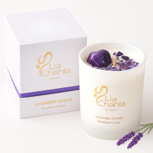 Lavender Soy Candle Gifts for Women | Infused with Amethyst Crystals and Florals | Aromatherapy Spiritual Healing & Anxiety Relief | Birthday Gifts (Lavender/Amethyst, 10 OZ)