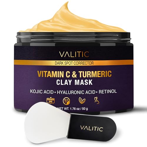 VALITIC Vitamin C & Turmeric Clay Mask - Dark Spot Corrector with Kojic Acid, Hyaluronic Acid & Retinol - Skin Care Routine for Minimizing Pores & Blackheads - with Applicator Brush - 50g