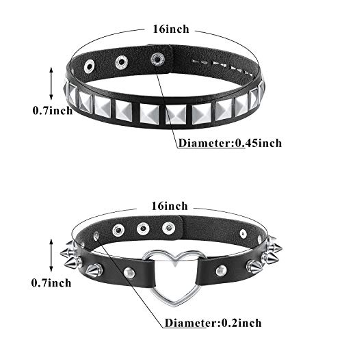 Hicarer 4 Pcs Women Men Cool Punk Choker Gothic Goth Spike Heart Shape Biker Choker PU Leather Collar Studded Rock Necklace (Black)3