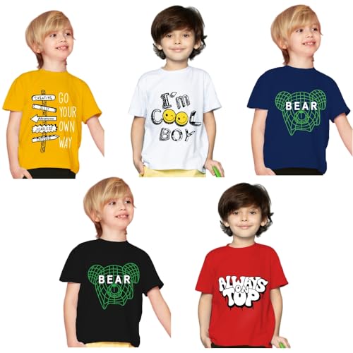 Image of Yazh Texworld Boys Round Neck Blended Cotton T-Shirts | Regular Fit | Half Sleeve | Casual Wear | Trendy | Combo Pack of 5 | Multicolor | Soft, Durable, and Stylish for Everyday use