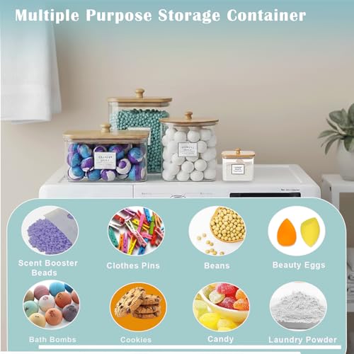 DUNE.Hub 4 Pack Laundry Pod Containers With Wooden Lids, Labels And Measuring Scoops, 30"W x 40"H, Dryer Sheet Holder, Clear Plastic Laundry Detergent Powder Container by DUNE.Hub - Used condition - Image 2