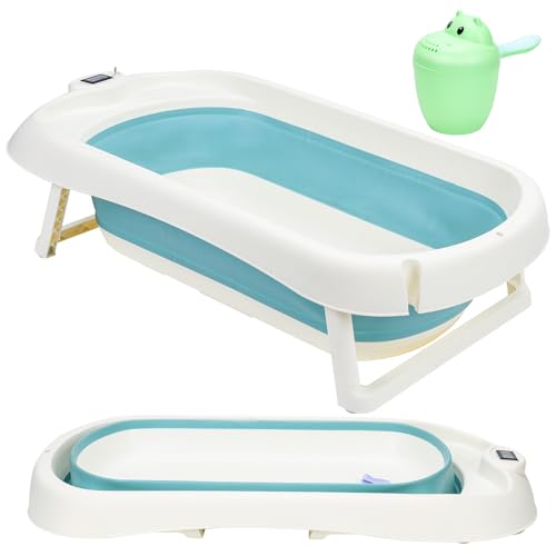 Eulenke Baby Badewanne, Faltbare babybadewanne mit faltbaren Anti-Rutsch-Beinen, Integriertem Thermometer und Baby-Haarwaschbecher, 50L Kinderbadewanne für Babys 0-6 Jahre, Grün