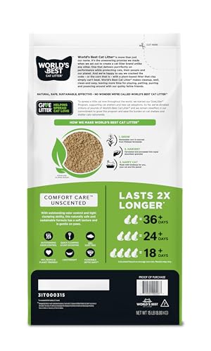 World'S Best Cat Litter 00108 Comfort Care Unscented 15-Pounds - Natural Ingredients, Quick Clumping, Flushable thumb #2