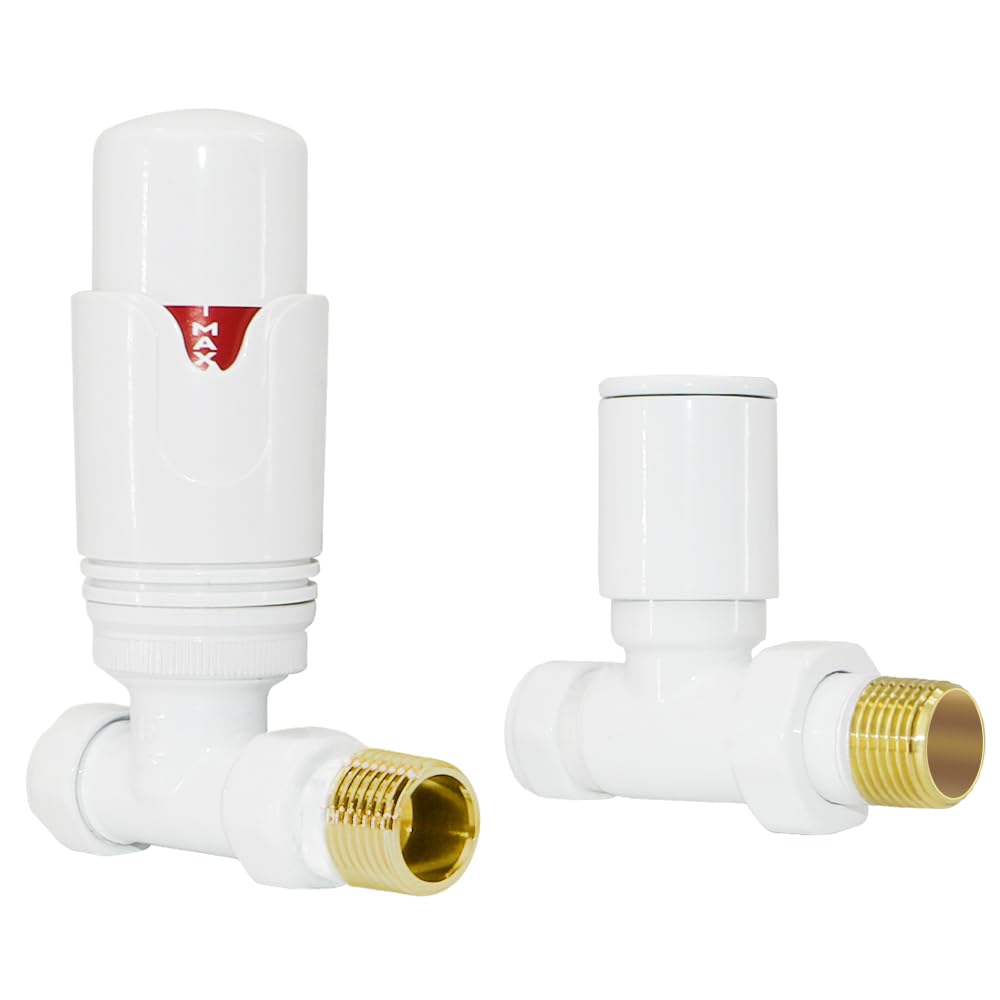 Warmehaus White Thermostatic Radiator Valve 15Mm Straight Radiator Trv + Lockshield For Heated Towel Rail Radiator