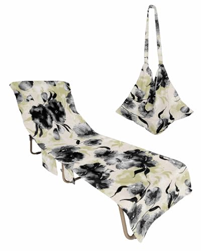 Spring Floral Yellow Grey Beach Lounge Chair Towel Cover, Soft Chaise Lounge Towel with Side Pockets Patio Pool Chairs Cover for Beach/Pool Sunbathing 29x85 Watercolor Ink Painting Art