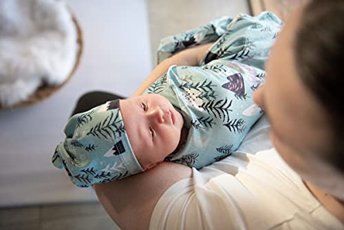 Image of Newborn Swaddle Sets with Beanie and a Name Card Baby Snug Wrap Receiving Blanket for Baby Boys Girls (Mountain&Tree)