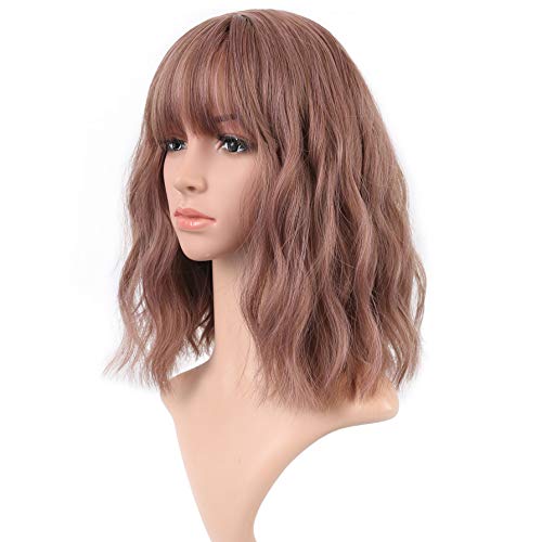 VCKOVCKO Natural Wavy Short Wigs With Air Bangs Women's Shoulder Length Curly Wavy Synthetic Cosplay Wig Bob Wig for Girl Colorful Wigs(12", Thin Rattan)