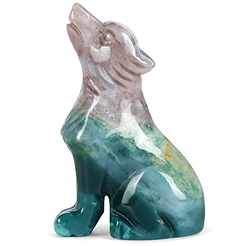 SM SMQARTCRYSTAL 2" Ocean Jasper Carved Crystal Wolf Statue and Figurine Ornament Wildlife Animal Wolves Sculpture Wolf Gifts For Men Women