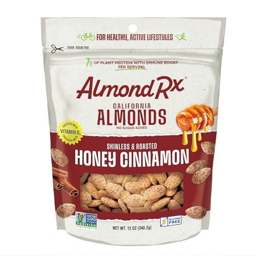 Image of AlmondRx | Heart Healthy Skinless Lightly Salted California Almond Snack Packs | Fortified with Vitamin D | Plant Protein | Keto | Vegan | No Sugar Added (12 Ounce (Pack of 1), Honey Cinnamon)