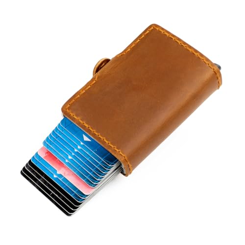 Genuine Leather Wallet for Men Crazy Horse Leather Automatic Card Ejection Double Aluminum Box Design (Brown)4