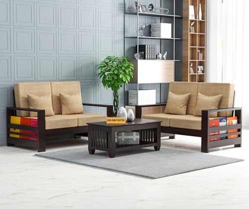 Image of Sheesham Wooden 4 Seater Sofa for Living Room | Rosewood 4 Seater Cushion Sofa with Side Rack | Solid Wood Sofa Set for Lounge (2+2,Walnut)