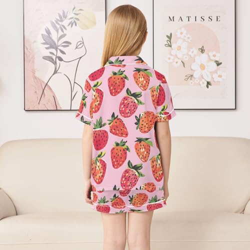 Strawberry Watercolor Cute Pattern Summer Satin Pajama Set, Cute Button-Down Sleepwear Pj Set for Sleep Wears4