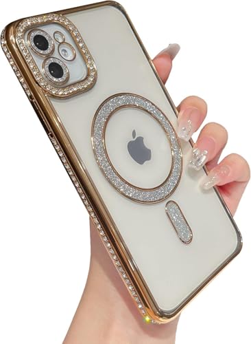 TWIKKA Case Compatible with iPhone 12, Cute Soft Clear Rhinestone Diamond Glitter Cover Women & Girls Compatible with MagSaf Camera Lens Protection Cases for iPhone 12 (Gold)