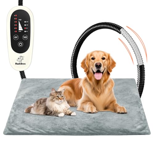 Asstikoo Tappetino Riscaldante per Cani Gatti, Tappeto Riscaldante per Animali Domestici con 4 Timer& 6 Livelli Temperatura 30-55℃, Coperta Termica Gatto Cani Anti-Morso Impermeabile (L - 70X45cm)