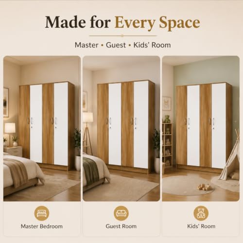 Image of Nexus Multipurpose 4-Door Wardrobe | Engineered Wood | Spacious Closet Storage | Lyon Teak & White Finish | Sturdy & Durable | Easy Knock-Down Assembly