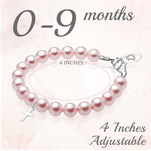 Image of Baby Crystals Pink Pearl Personalized Charm Bracelet for Girls, Sterling Silver Initial Charm Cross Charm Bracelet, Baptism Gifts for Girl, First Communion Christening, Keepsake Girls Jewelry