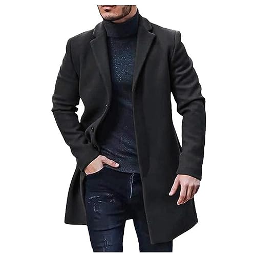 ZWRXW Mens Woolen Coats Jacket Mid-Length Slim Fit Notch Lapel Single Breasted Business Fall Winter Trench Pea Coat